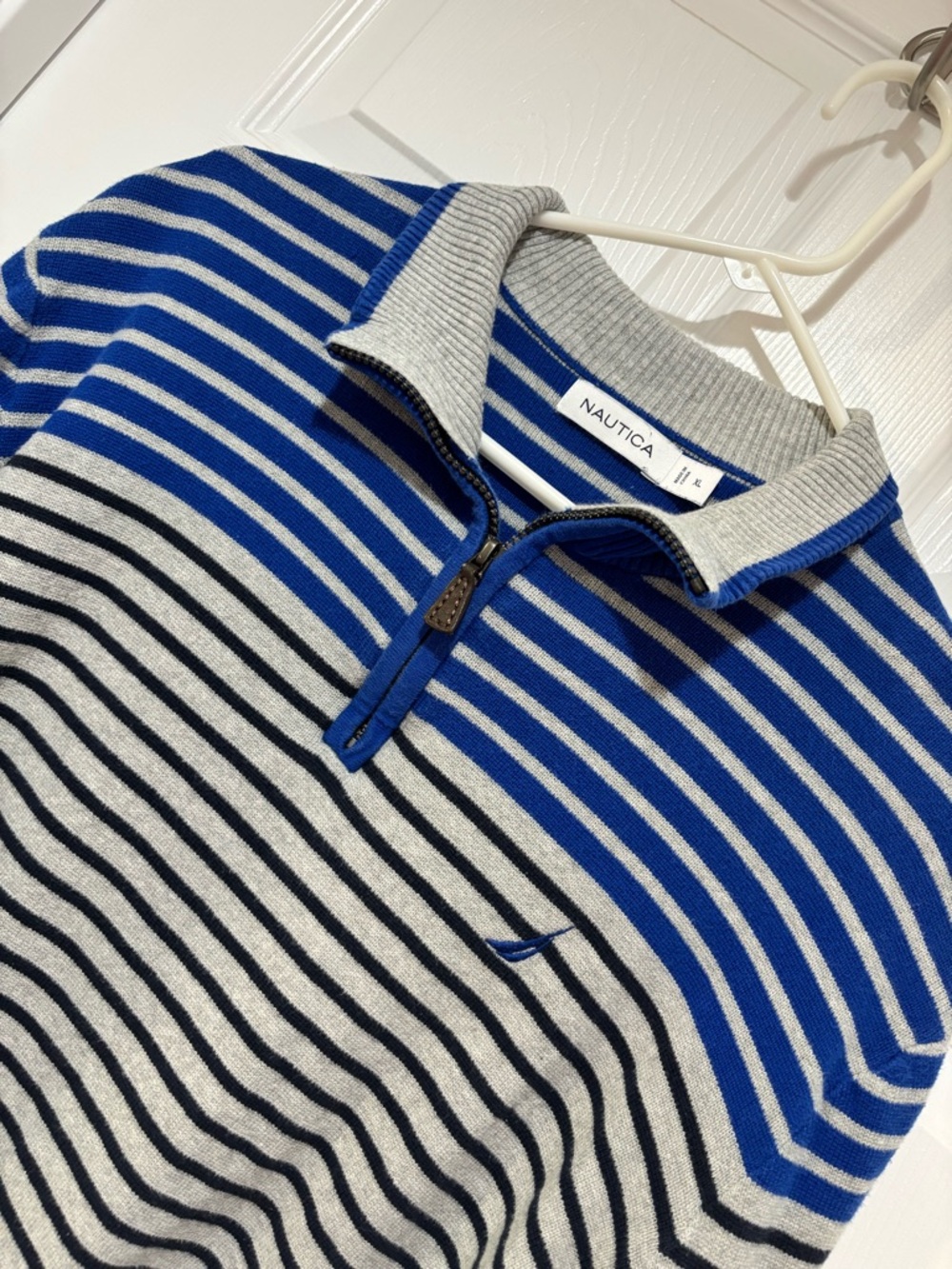 NAUTICA Men's Blue, Gray & Navy Striped Quarter-Zip Sweater